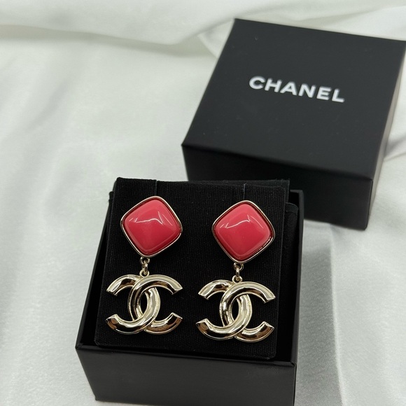 Chanel Pink Enamel Gold CC Dangle Statement Earrings - Picture 11 of 11